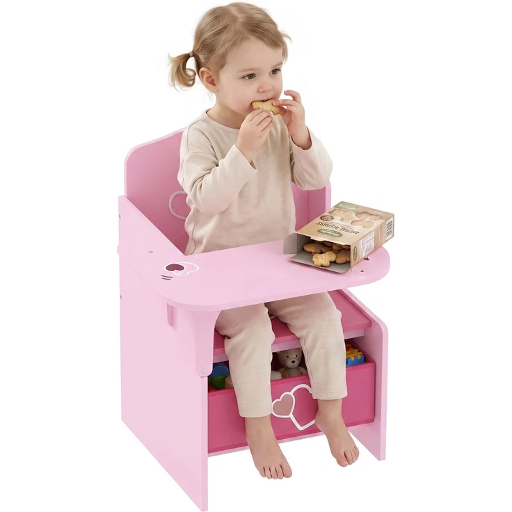 MELAYR, Kindertisch mit Stuhl 2-in-1 Integrierte Kindersitzgruppe mit Stauraum Platzsparend für, 58.5 x 51 x 59 cm, Rosa – Bild 2