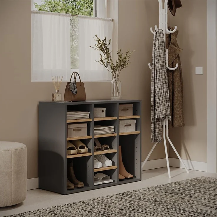 Schuhschrank Lysander Anthrazit/Goldkraft Eiche 78.6 x 65.5 cm mit 12 offenen Fächern Vicco – Bild 3
