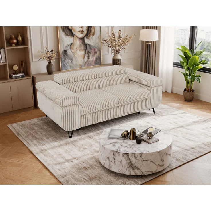 2-Sitzer Polstercouch PETER mit verstellbaren Armlehnen und Kopfstütze, Gepolsterte Couch, Wellenfeder - Beige Cord – Bild 5