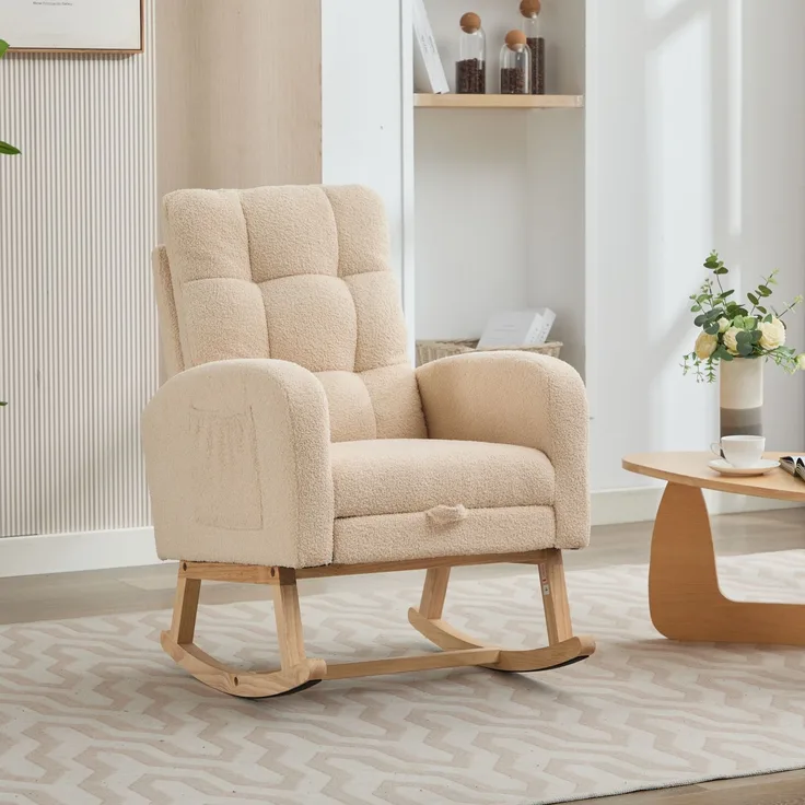Schaukelstuhl Lammfell-Optik Beige mit hoher Rückenlehne und Armlehnen, ergonomischer Relaxsessel mit Massivholzgestell