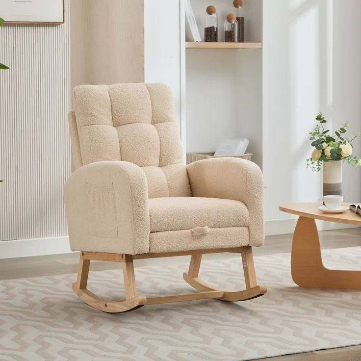 Schaukelstuhl Lammfell-Optik Beige mit hoher Rückenlehne und Armlehnen, ergonomischer Relaxsessel mit Massivholzgestell – Bild 1