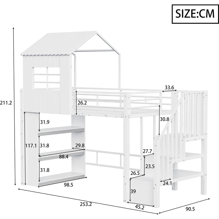 Merax Hochbett 90×200 cm, Kinderbett, Jugendbett, Hausdesign, Mehrstöckiges Stauraumregal, Sichere Treppe (montierbar links/rechts), Weiß – Bild 4