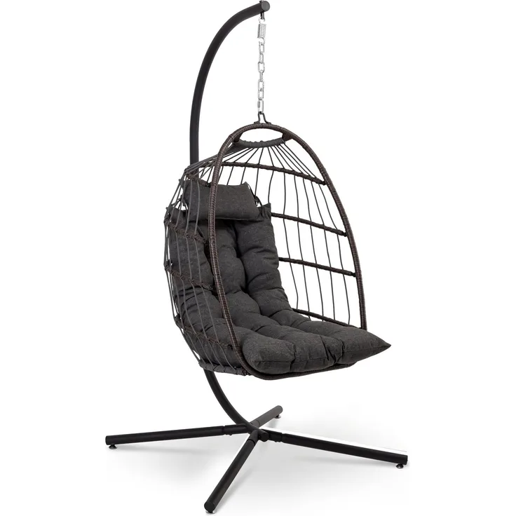 SereneLife Hängesessel mit Gestell Outdoor 250 kg – Wetterfest mit Kissen faltbar für Garten Balkon Indoor Relaxsessel Grau