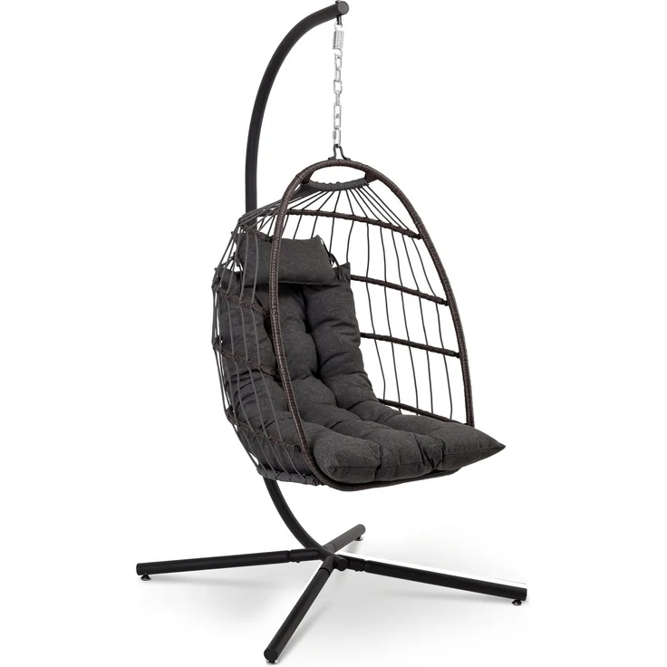 SereneLife Hängesessel mit Gestell Outdoor 250 kg – Wetterfest mit Kissen faltbar für Garten Balkon Indoor Relaxsessel Grau