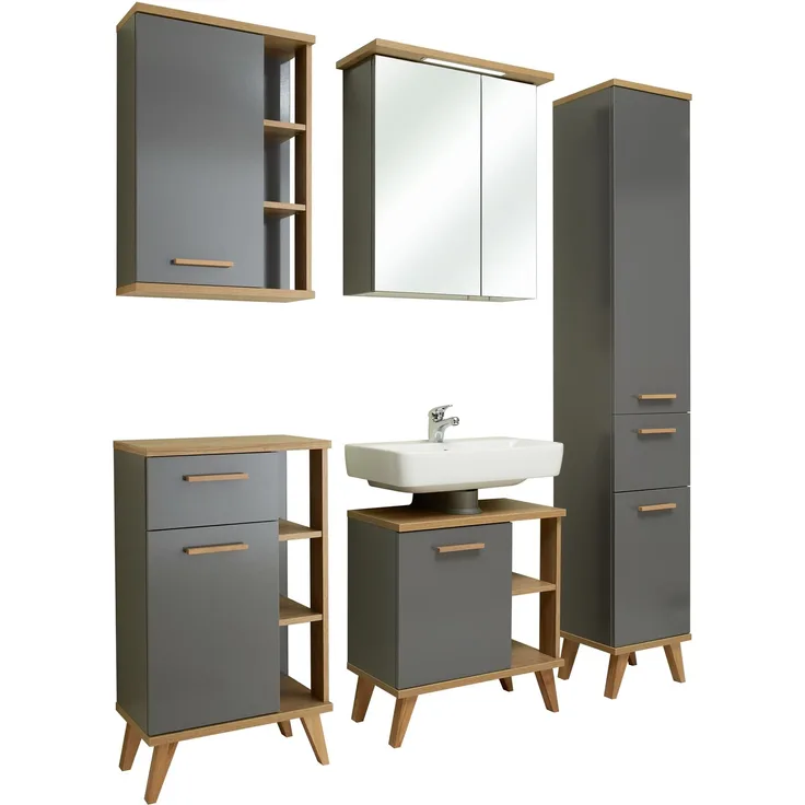 Pelipal Badmöbel-Set, Quickset 924, Quarzgrau Glanz/Riviera Eiche - Waschbeckenunterschrank, Spiegelschrank, Hochschrank, Unterschrank mit Regal, Hängeschrank mit Regal