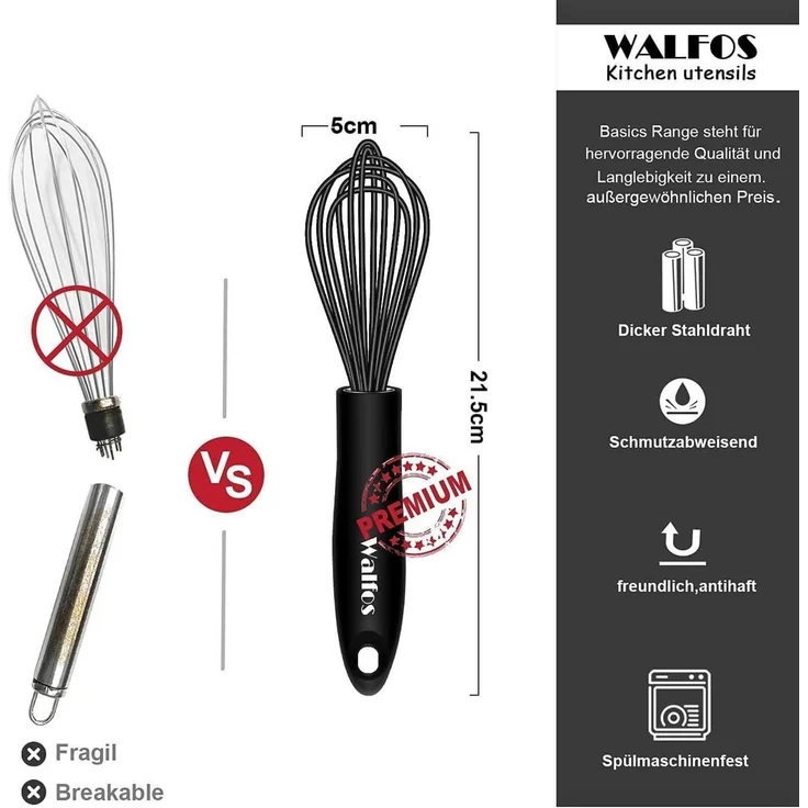 Walfos 21.5cm Silikon Edelstahl Schneebesen Schwarz Rührbesen Ballonschneebesen – Bild 7