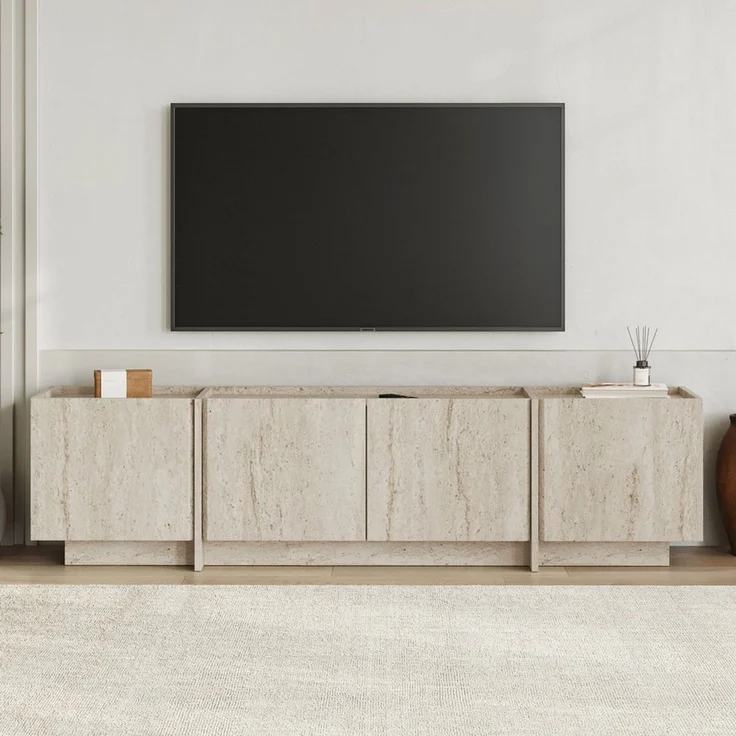 Modern TV Stand, Travertine Color, 180 x 46 x 35 cm | 100% Melamine Coated Particle Board, 18 mm Thickness | Soft-Close Hinges, Stylish Design for Living Room & Entertainment Spaces – Bild 2