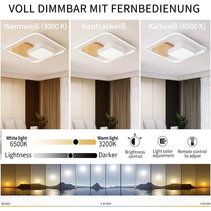 style home Deckenleuchte LED Deckenlampe, voll dimmbar mit Fernbedienung 3000-6000K, 93W, Holz Lampe für Wohnzimmer Schlafzimmer Büro, 52 x 52 x 8,5 cm – Bild 2