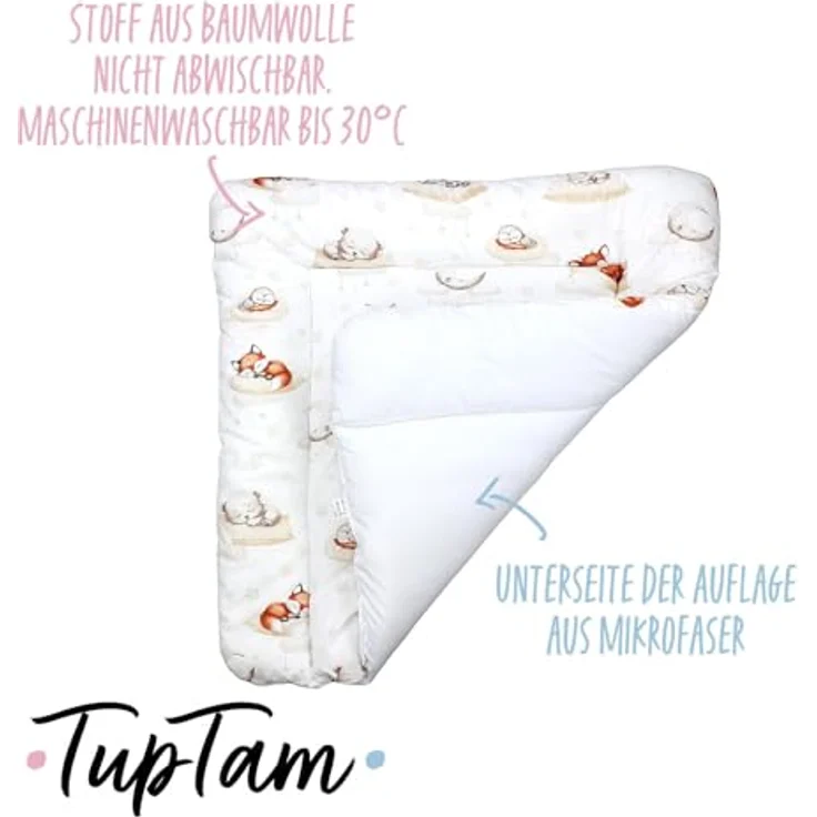 TupTam Baby Wickeltischauflage mit Baumwollbezug Gemustert, Farbe: Schlafende Baby Tiere/Beige, Größe: 75x85 cm – Bild 4