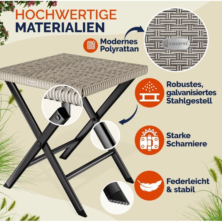 Casaria® Polyrattan Klapphocker 75kg Belastbarkeit 44 x 40 x 44 cm Klappbar Leicht Tragbar Wetterfest Garten Terrasse Balkon Camping Hocker Stuhl Creme – Bild 4