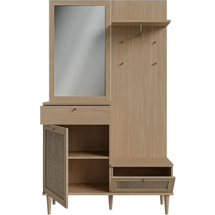 Forte CALASETTA Garderobe 120, 2 Schubladen, 1 Tür, mit Spiegel, Kleiderstange und Ablageflächen, Holzwerkstoff, Elegancia Eiche Holzdekor | Technorattan, 115,1 cm breit x 198 cm hoch x 41,4 cm tief – Bild 5
