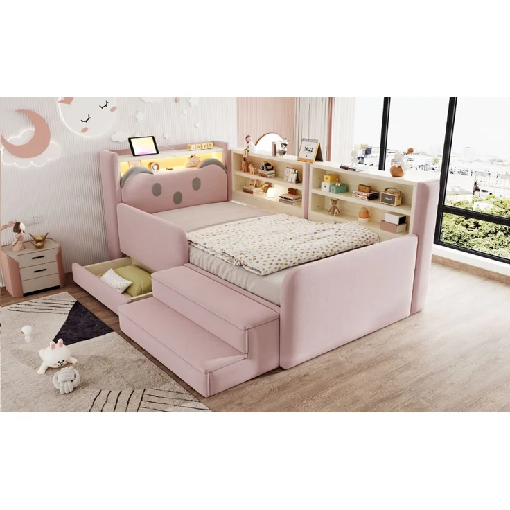 ZUBALIYA Polsterbett, mit Schubladen, mit Stauraum, mit LED-Beleuchtung, mit USB-Anschluss, inklusive Lattenrost, Liegefläche 90 × 200 cm, H 85 × T 218 × B 108.5 cm, Rosa, Samt – Bild 7