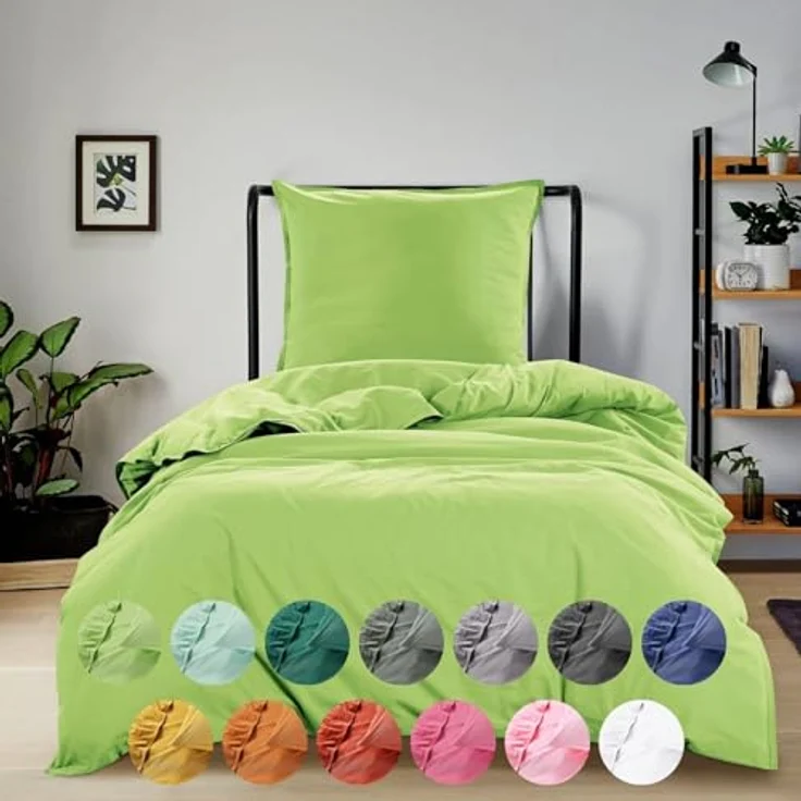 wometo Renforce-Bettwäsche Set, Hellgrün, 155x220 cm, Oeko-Tex® zertifiziert, Waschmaschine bis 60°C, Reißverschluss – Bild 1