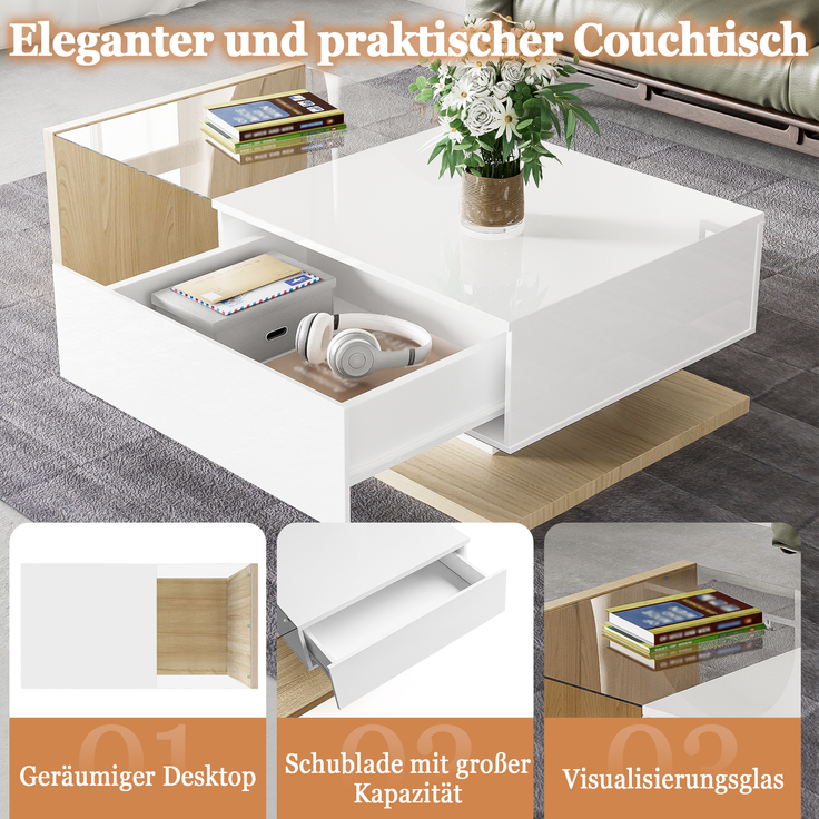 Couchtisch aus Spanplatte mit Glasplatte & LED-Licht, 105x55x32,5 cm, Weiß/Natural – Bild 5
