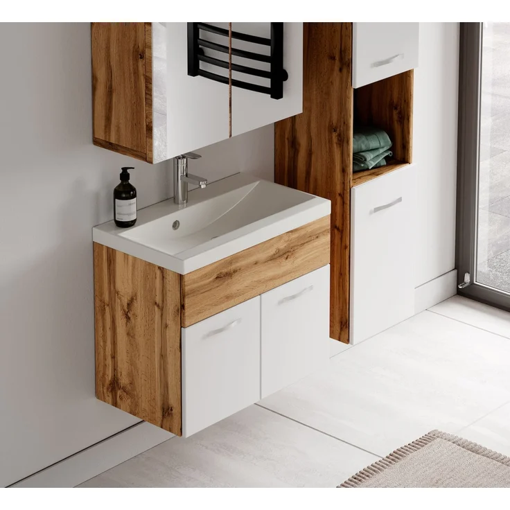 Badplaats Badmöbel Komplettset Montreal 60x35 cm Eiche mit Weiß Hochglanz - Badezimmermöbel mit Waschbecken, Spiegelschrank und Badezimmerschrank – Bild 4