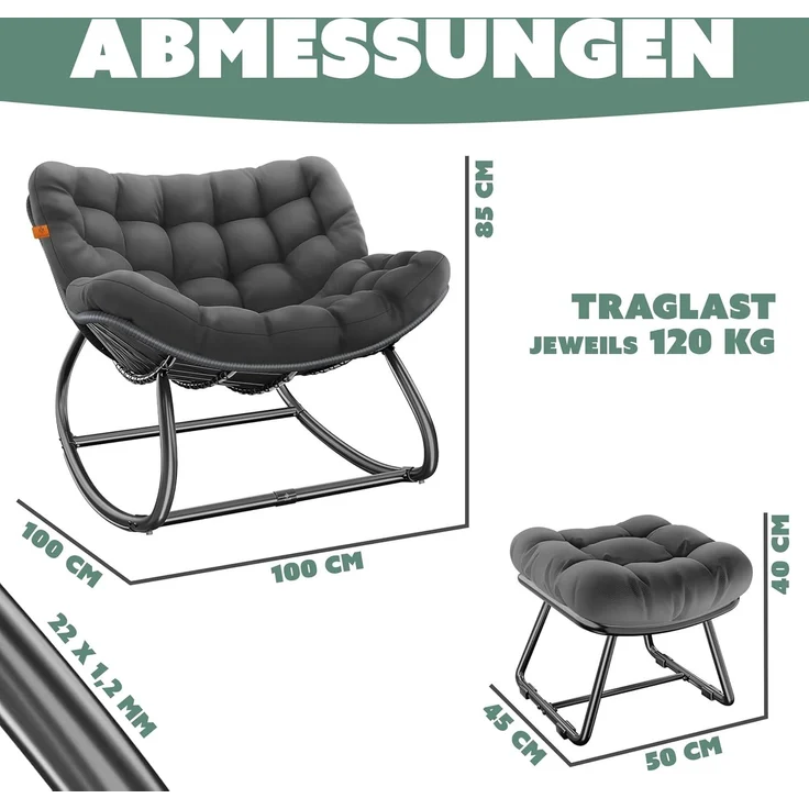 KESSER® Schaukelstuhl für drinnen & draußen ergonomischer Schaukelsessel | maximale Belastung von 120kg Relaxsessel mit Rutschfesten Füßen, Witterungsbeständig | Ideal für Balkon, Garten & Wohnzimmer Anthrazit, XXL Chillexer Pro – Bild 2