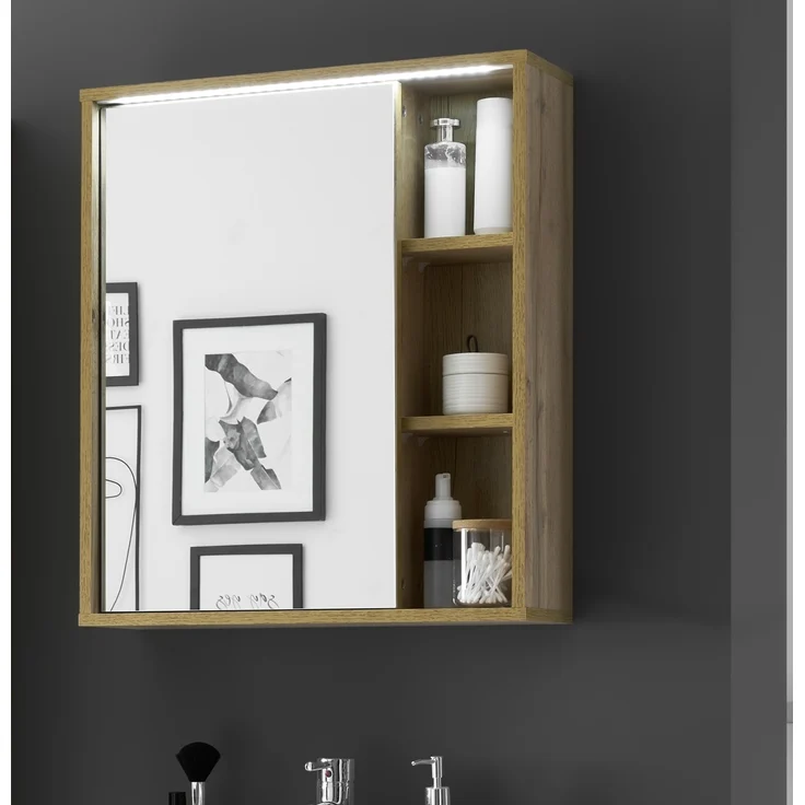 GREECE Spiegelschrank Bad mit LED-Beleuchtung in Wotan Eiche Optik - Badezimmerspiegel Schrank mit viel Stauraum - 60 x 70 x 20 cm (B/H/T) – Bild 4