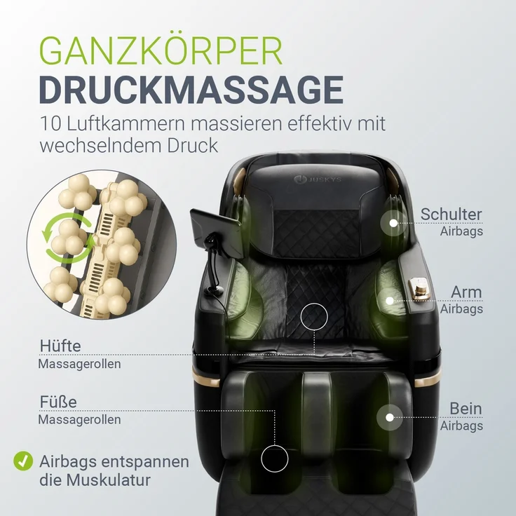Juskys Massagesessel Naxos, mit LCD-Bedienfeld, Bluetooth, Airbags, Heizung, Rollenmassage, USB & Fußverlängerung, Fix-Point-Technologie - Schwarz – Bild 6