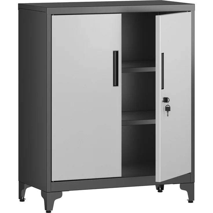 Songmics Aktenschrank, Mehrzweckschrank, Büroschrank mit 2 Türen, Schrank abschließbar, Aufbewahrungsschrank aus Stahl, für Arbeitszimmer, Wohnzimmer, silbern-schwarz OMC013S01