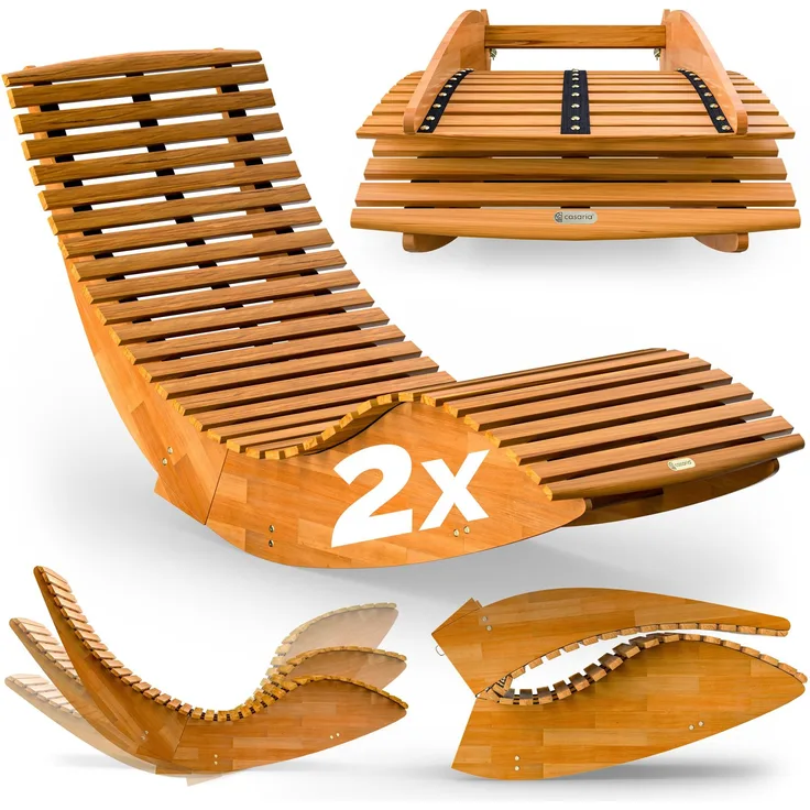 Casaria 2x Gartenliege, ergonomisch, mit Schaukelfunktion, Akazie natur, 150 x 60 x 93 cm