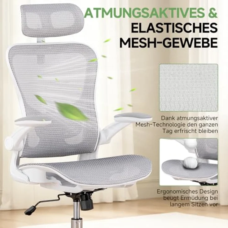GTPLAYER Bürostuhl Ergonomisch, Schreibtischstuhl mit Verstellbarer Kopfstütze, Armlehnen, Lendenwirbelstütze, Büro Stuhl & Gaming Stuhl Wippfunktion, Chefsessel aus Mesh, 150kg(Weiß) – Bild 4