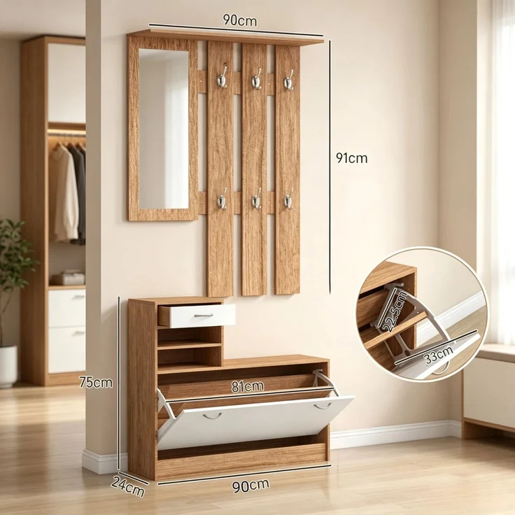 Flur Garderobenmöbel mit Kleiderhakenpaneel, Spiegel und Schuhbank, 6 Kleiderhaken und verstellbares Regalbrett--Walnuss, Weiß--90x10x91cm--YOUDENOVA – Bild 7