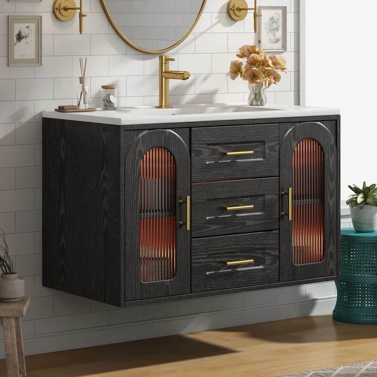 Waschtischschrank 76x46x55 cm Schwarz mit geriffelter Glastür, LED und Keramikwaschbecken – Bild 4
