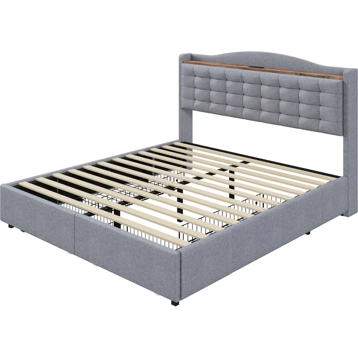Polsterbett 140*200 cm, Nachttisch mit USB-Ladeanschluss und Ablage, Doppelflachbett mit 4 Schubladen, Leinenstoff Grau – Bild 10