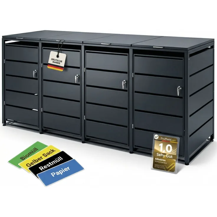 Albatros Mülltonnenbox 4er Tonne | bis 240 Liter | Anthrazitgrau RAL 7016 | verzinkter Stahl | Premium Dämpfer| Aufkleber-Set | wetterfest| verstellbare Füße| Türgriff mit Schloss | Gartenbox | entwickelt in Deutschland