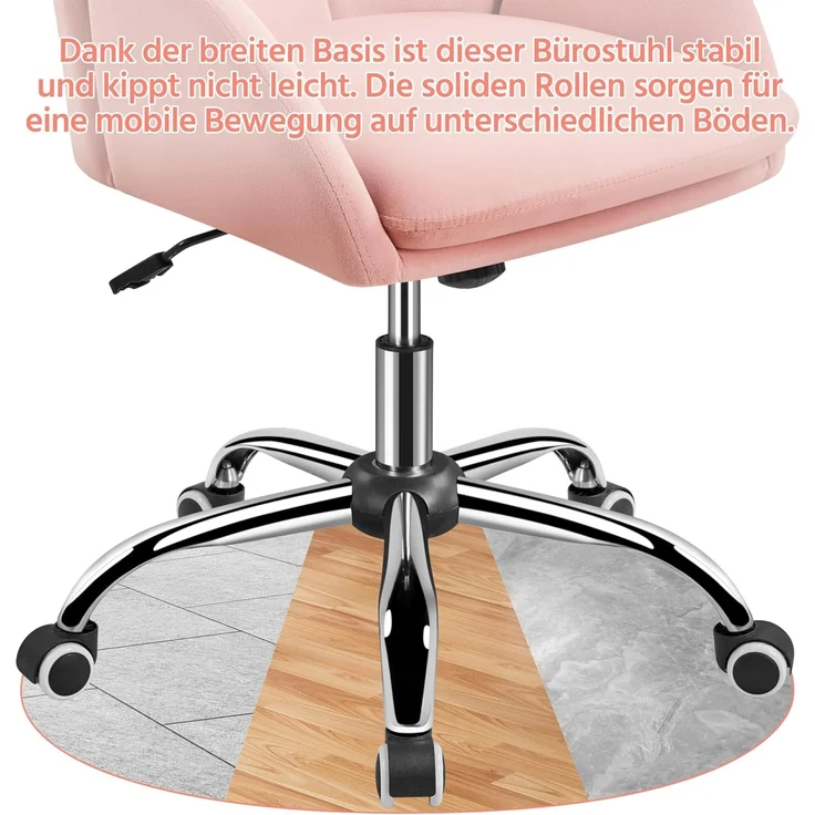 Yaheetech Homeoffice Stuhl Schminkstuhl Schreibtischstuhl höhenverstellbar Drehstuhl bis 136 kg Belastbar, SamtStuhl mit Armlehnen und Rückenlehne für Schlafzimmer Büro Wohnzimmer, Hellrosa – Bild 8