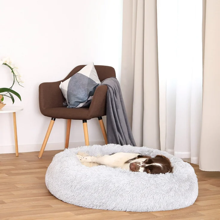 lionto Donut Hundebett, rundes Hundesofa mit Plüschbezug & Anti-Rutsch-Noppen, weich & gemütlich, 100 cm Durchmesser, hellgrau – Bild 3