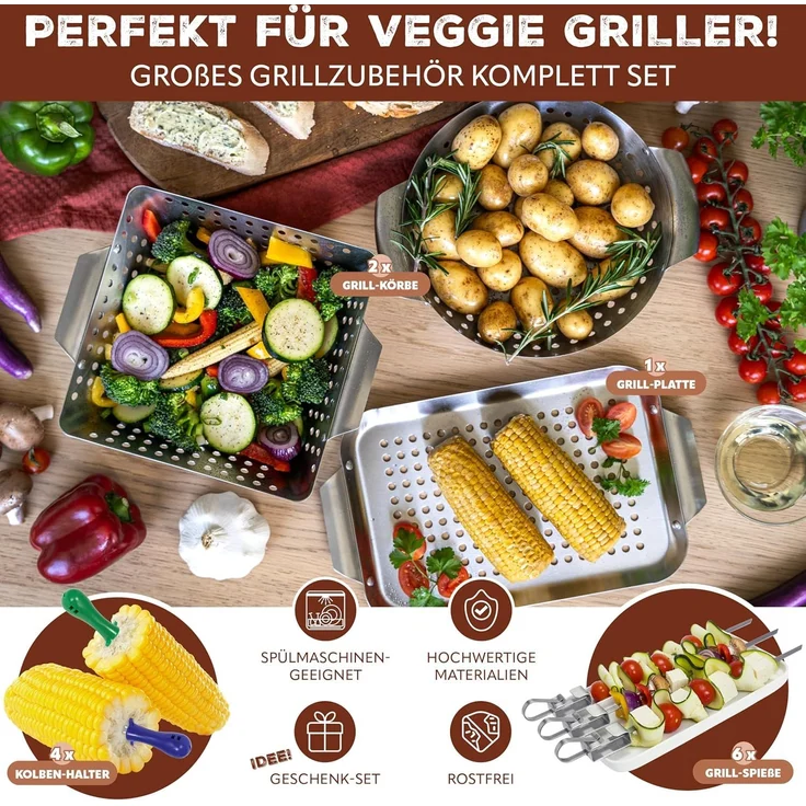 Veggie Grill-Set 13tlg. Grillkörbe, Grillplatten, Grillspießen und Maiskolbenhaltern aus rostfreiem Edelstahl – Bild 2
