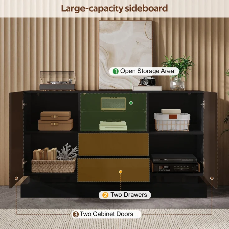 ZUBALIYA Sideboard 140x40x80 cm, mit LED-Beleuchtung, Hochglanz, mit 2 Türen, aus Spanplatte, Schwarz – Bild 13