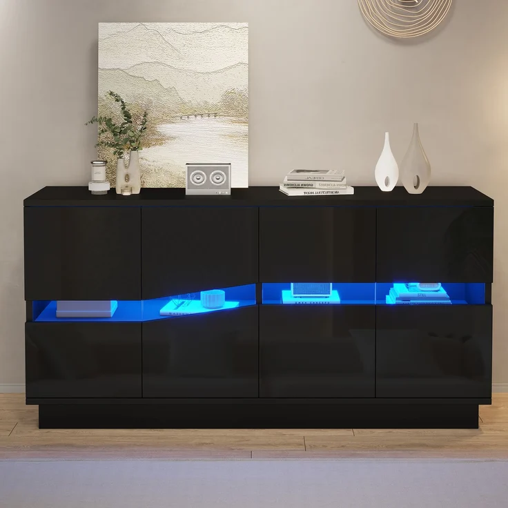 ZUBALIYA Sideboard 140x35x70 cm, mit LED-Beleuchtung, Hochglanz, mit 4 Türen, aus Spanplatte, Schwarz – Bild 5