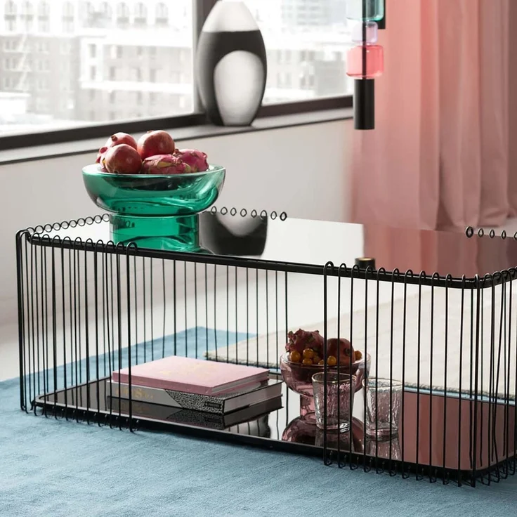Kare Design Couchtisch Wire Double, Schwarz, Pflegeleicht Sicherheitsglas, Wohnzimmertisch, Stahlgestell, Tischplatte aus Glas, Wohnzimmer, Rechteckig, 42 x 120 x 60 cm (H/B/T) – Bild 2