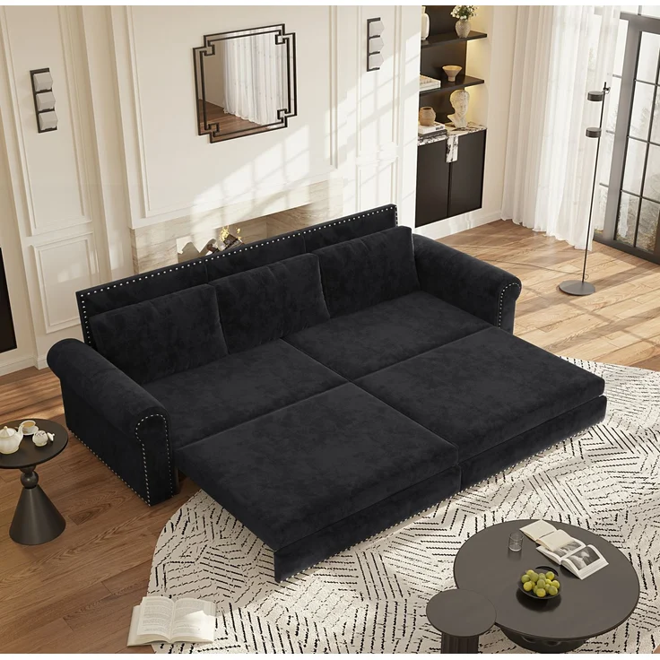Schlafsofa, Samt, 3-in-1 ausziehbar, 238x90x98 cm, Schwarz – Bild 2