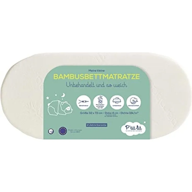 P'tit lit - Stubenwagenmatratze aus Bambus - 72x32 cm - Weiche und seidige Babyviskose - Ideale Kinderwagenwanne und Wiege - Umdrehnbar - Abnehmbar