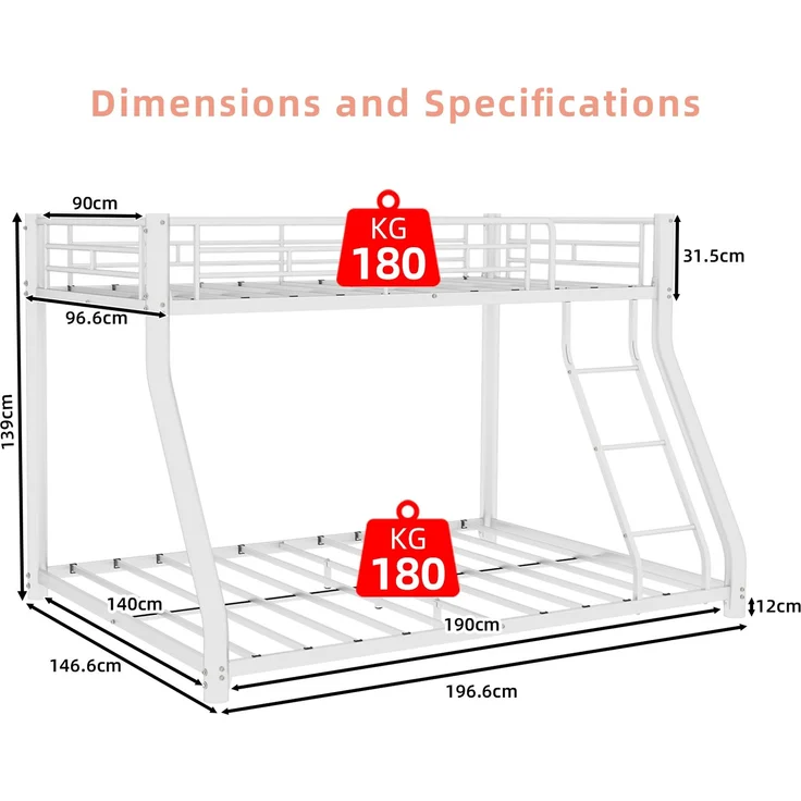 EINHOM Metall-Etagenbett 90 x 190 / 140 x 190 cm, mit Leiter und Durchgehenden Sicherheitsgeländern, Platzsparend, für Jugendliche und Erwachsene (Ohne Matratze) – Bild 2