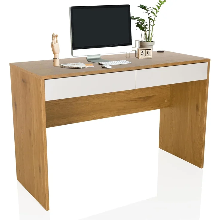 hjh LIVING Schreibtisch 120x50 cm BERGA – Moderner Scandi-Bürotisch Weiß/Eiche mit 2 Schubladen & Kabeldurchlass, Stabiler Arbeitstisch für Homeoffice, Büro & Wohnzimmer – Bild 1