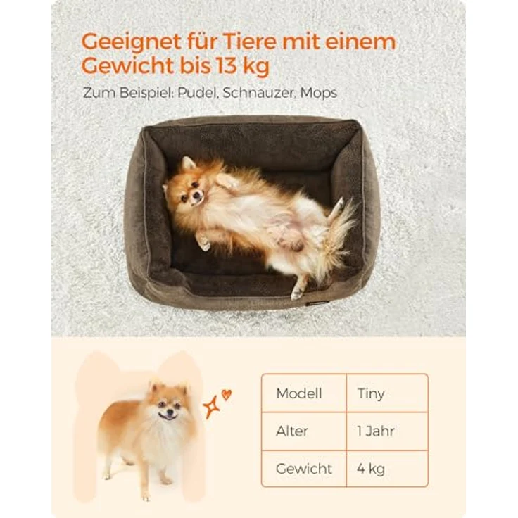 Feandrea Hundebett, Hundekissen in Leinenoptik, Hundekorb, erhöhte Ränder, rutschfeste Unterseite, Bezug abnehmbar waschbar, M, für kleine Hunde, 70 x 55 x 21 cm, braun PGW10CC – Bild 10