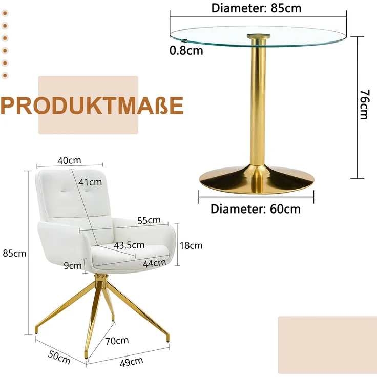 Essgruppe mit rundem Glastisch und 4 Drehstühlen, Ø 85x76 cm, Transparent/Weiß-Gold – Bild 4