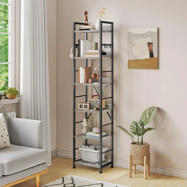 YITAHOME Bücherregal mit 6 Ebenen, Industrielles Standregal, Metallrahmen und Holzregale, Hohes Lagerregal mit 4 Haken, Präsentationsorganizer, für Wohnzimmer, Heimbüro, Grau Regal