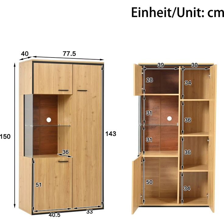 Vitrine aus MDF mit Glastür & LED-Beleuchtung, 77,5x40x150 cm, Natur – Bild 10