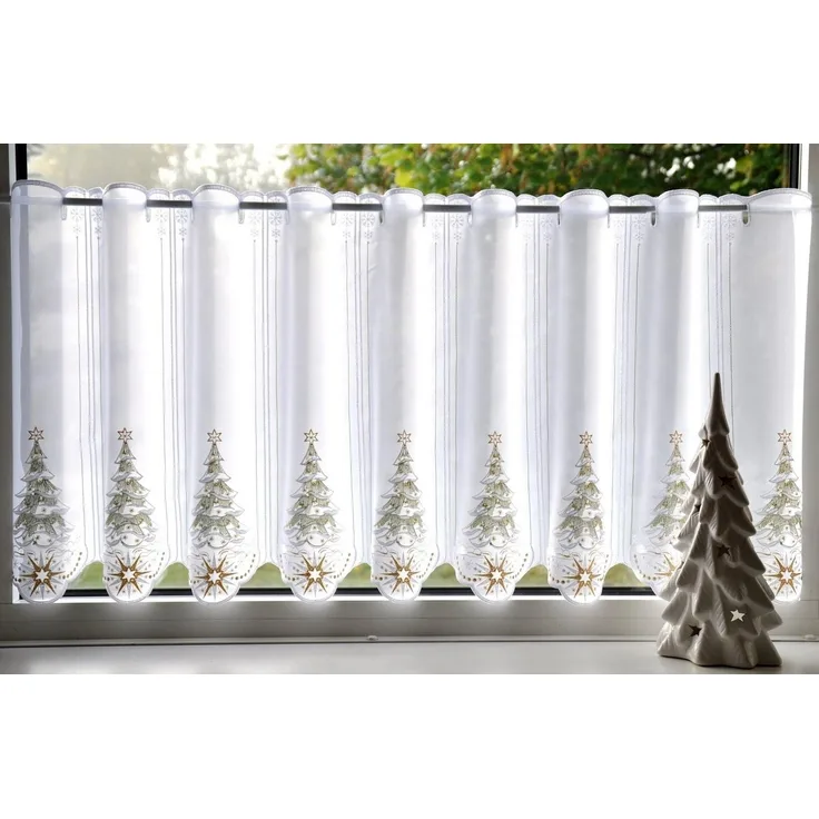 Stickereien Plauen Scheibengardine Tannenbaum (1 St), Stangendurchzug, transparent, Voile