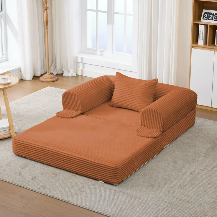Schlafsessel 120cm×85cm×65cm mit Kordbezug in Orange – 2-in-1 Einzelsessel zum Ausklappen mit Zusatzkissen