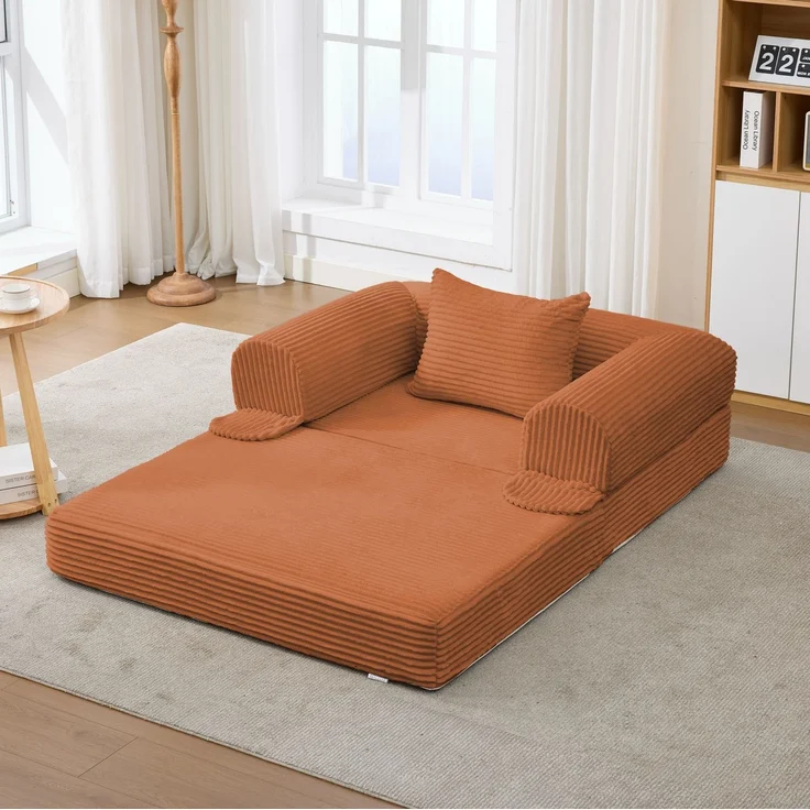 Schlafsessel 120cm×85cm×65cm mit Kordbezug in Orange – 2-in-1 Einzelsessel zum Ausklappen mit Zusatzkissen – Bild 1