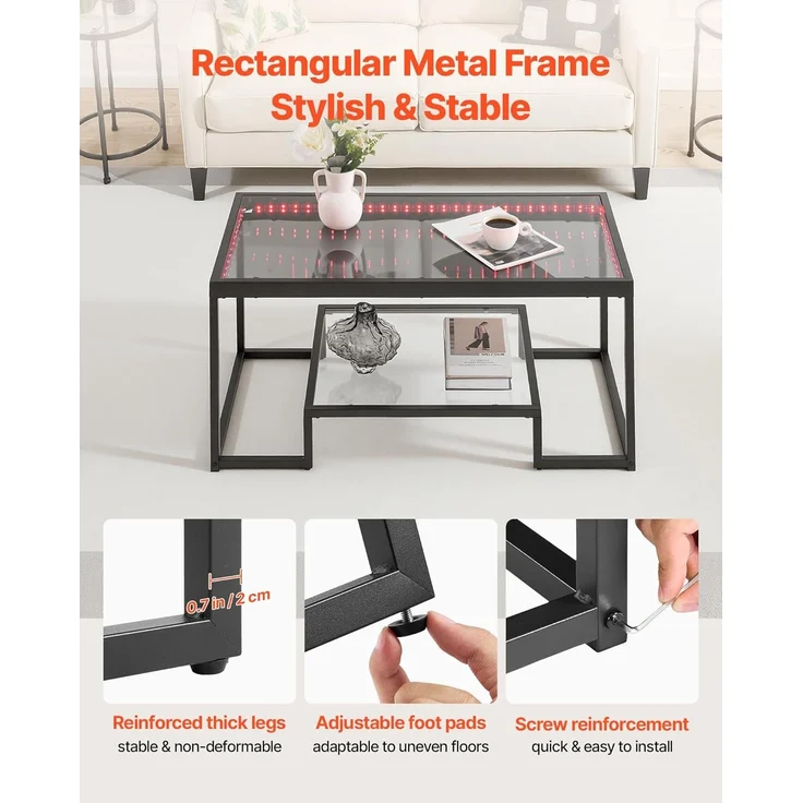 VEVOR Couchtisch Beistelltisch aus gehärtetem Glas mit Beleuchtung, rechteckiger Glastisch mit Zwei Ebenen & offenem Stauraum, Kaffeetisch aus Metall für Wohnzimmer Büro 100 x 51 x 48 cm Schwarz – Bild 7