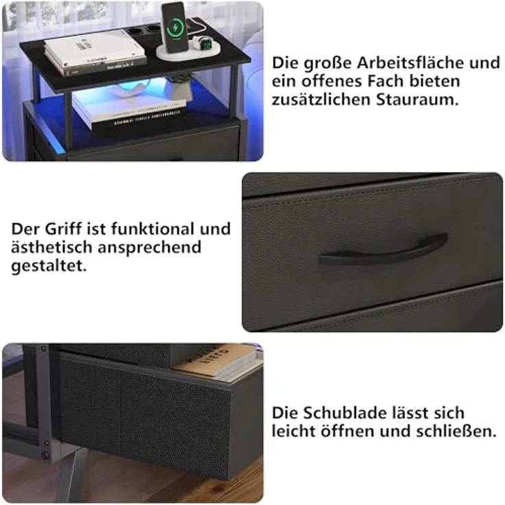 Feonase Nachttisch, Beistelltisch mit Ladestation & LED-Leuchten, Sofatisch mit 3 Stoffschubladen, Nachtschrank mit offenem Regal, Beistelltische für SchlafzimmerWohnzimmer, Schwarz – Bild 6