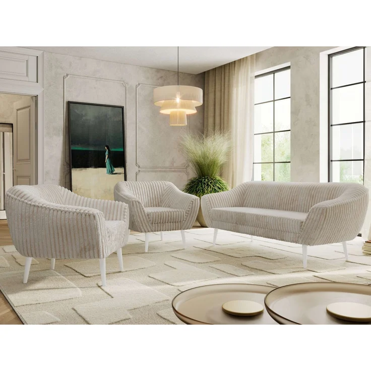 Wohnzimmerset PIRS 1-1-3, Skandinavisches 3-Sitzer Sofa mit Sesseln, Sofa mit Wellenfederung, weiße Füße, Skandinavisches Möbelset - Beige Cord – Bild 4