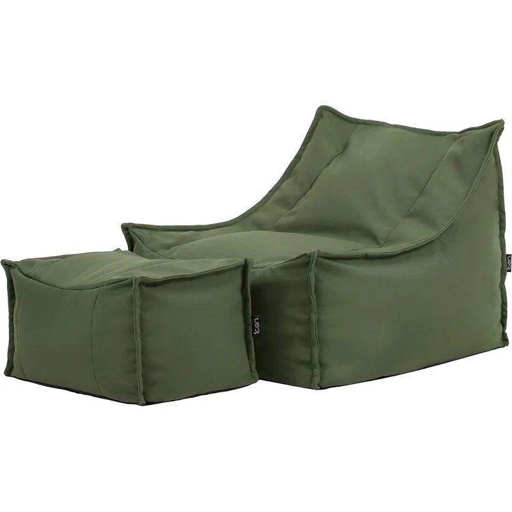 Icon Alto Sitzsack Sessel mit Hocker, Khakigrün, Olefin Stoff für Drinnen und Draußen, Riesen Sitzsack mit Füllung, Bequemer Sessel, Garten, Terrasse, Lounge, Wohnzimmer